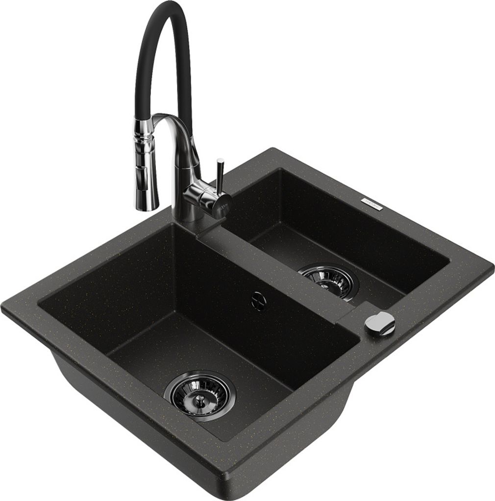 Mexen Carlos 1-Becken-Granit-Spüle mit Mischbatterie Aster, Schwarz/Gold metallisch - 6518-75-73450-07-B