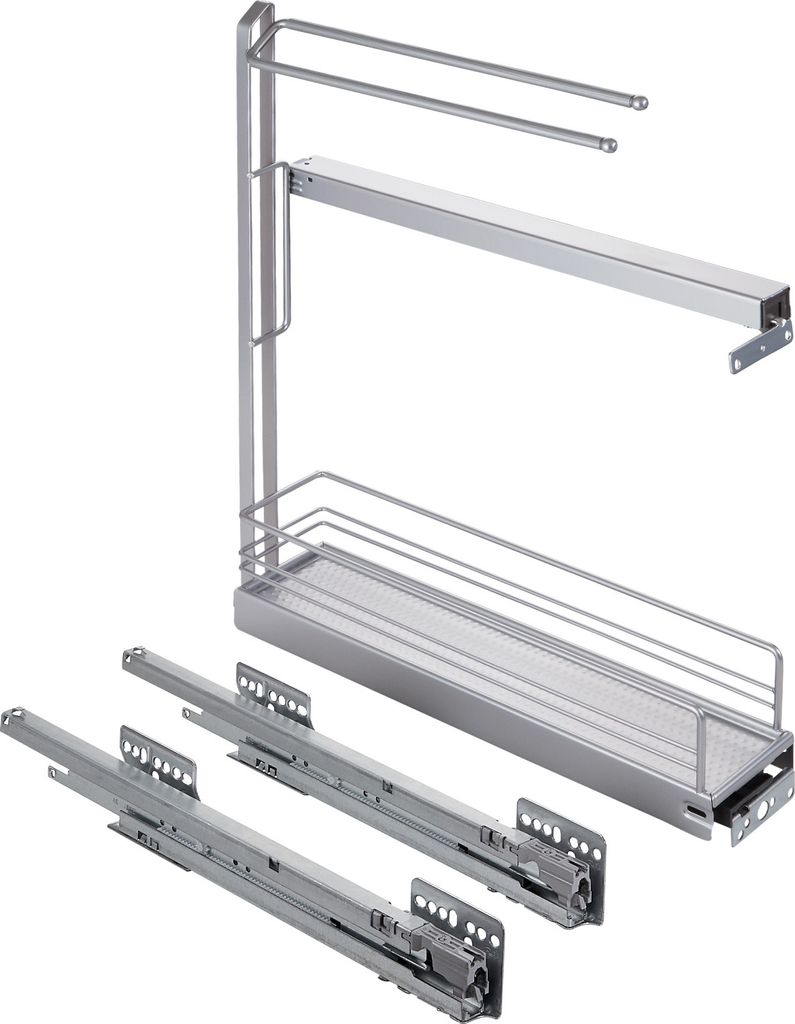 A disassembled kitchen cabinet pull-out organizer with two drawer slides.