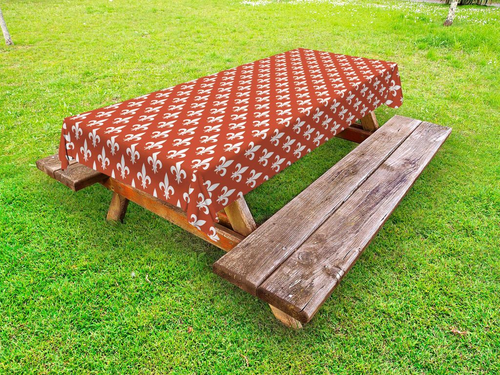 ABAKUHAUS Fleur De Lis Tischdecke Outdoor, Altes Heraldisches Muster Mit Abstrakt Florenelementen Krumme Blätter Und Knospe, Weiß Rot, 145x265cm