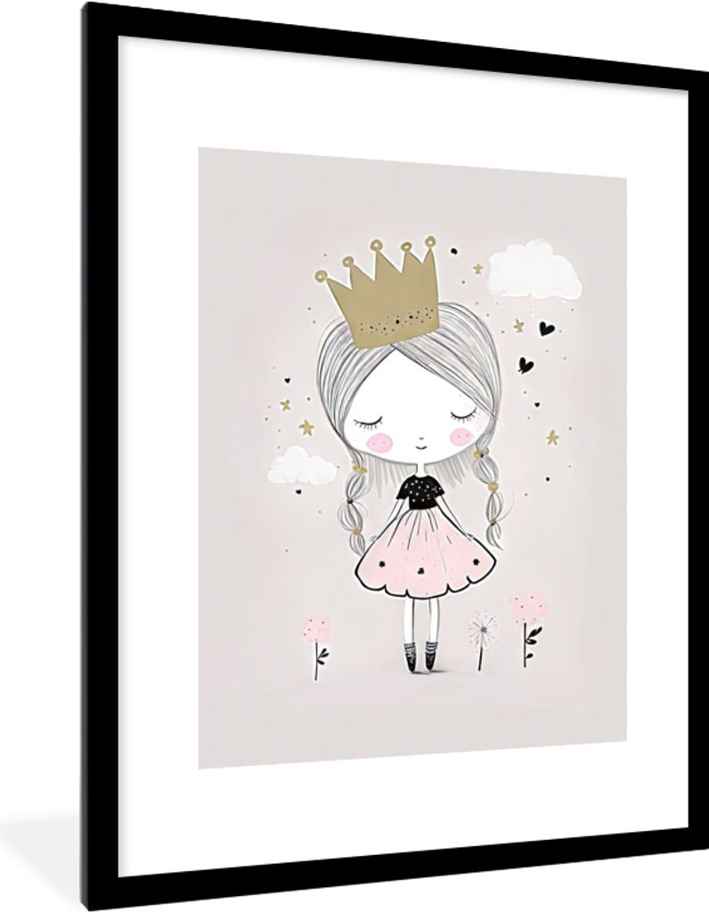 MuchoWow Gerahmtes Poster Prinzessin - Blumen - Krone - Mädchen - Sterne 60x80 cm - Poster mit Schwarzem Bilderrahmen Wandposter Rahmen Foto Bil...