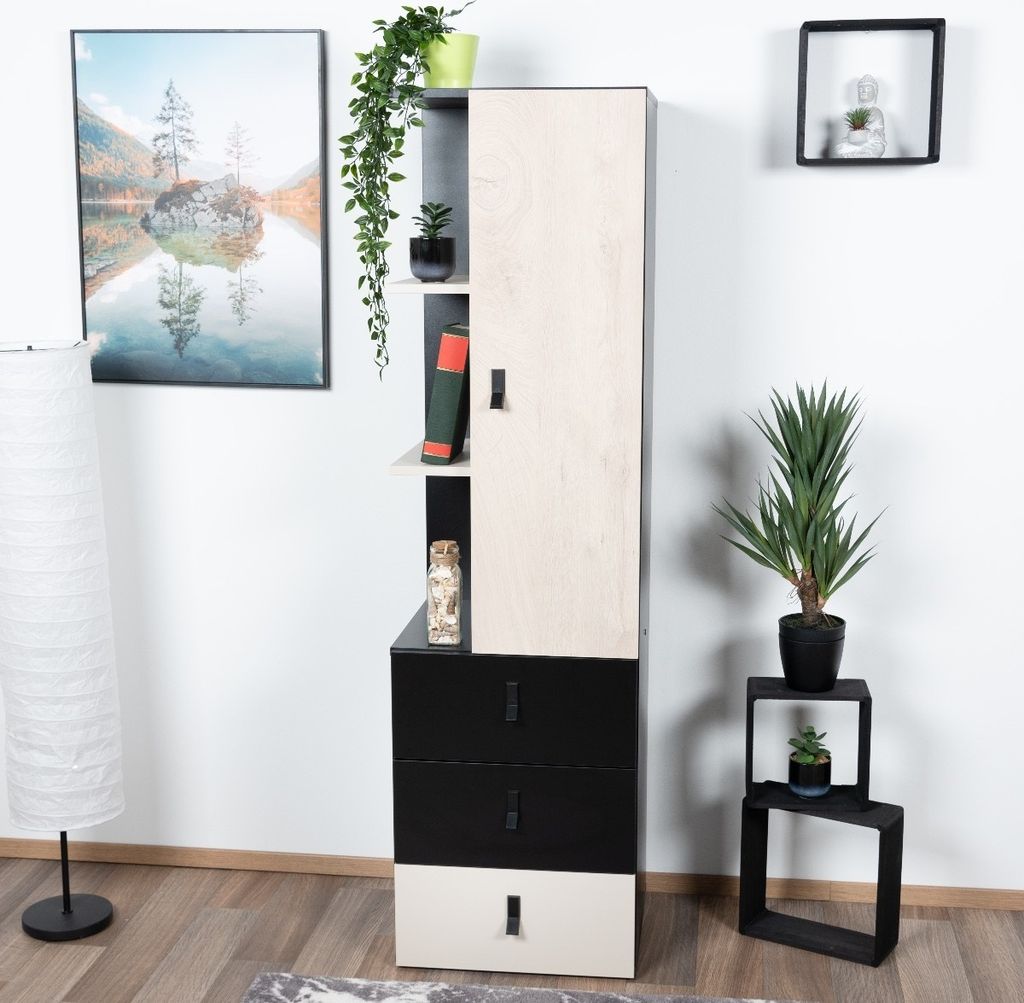 Jugendzimmer - Schrank Aalst 07, Farbe: Eiche / Creme / Schwarz - Abmessungen: 160 x 45 x 40 cm (H x B x T)