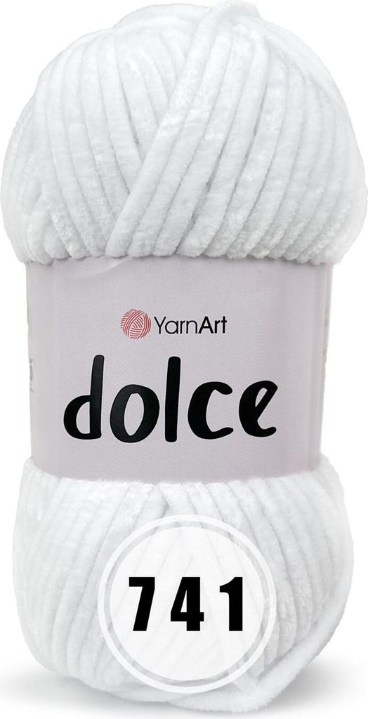 A ball of white chenille yarn with a label.