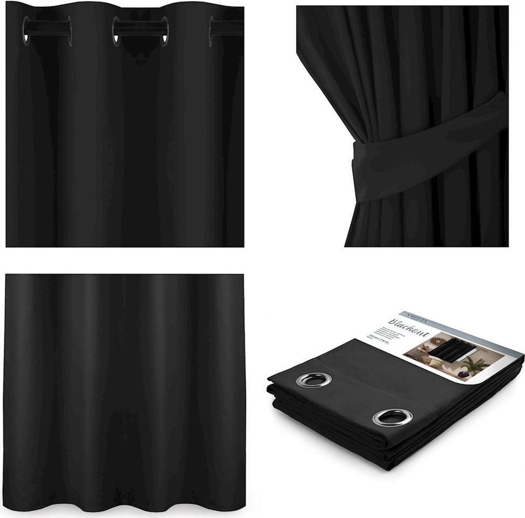 A collage of four images showing a black blackout curtain.