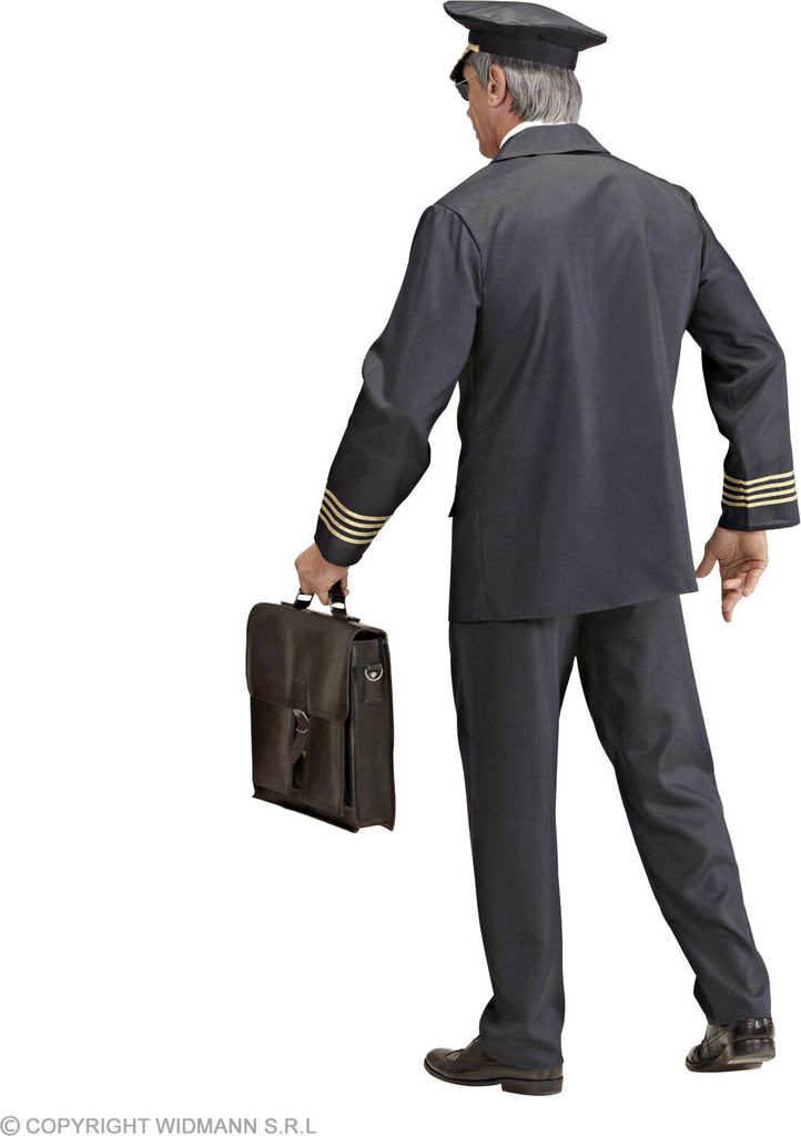 A person wearing a pilot costume, seen from the back, holding a briefcase.