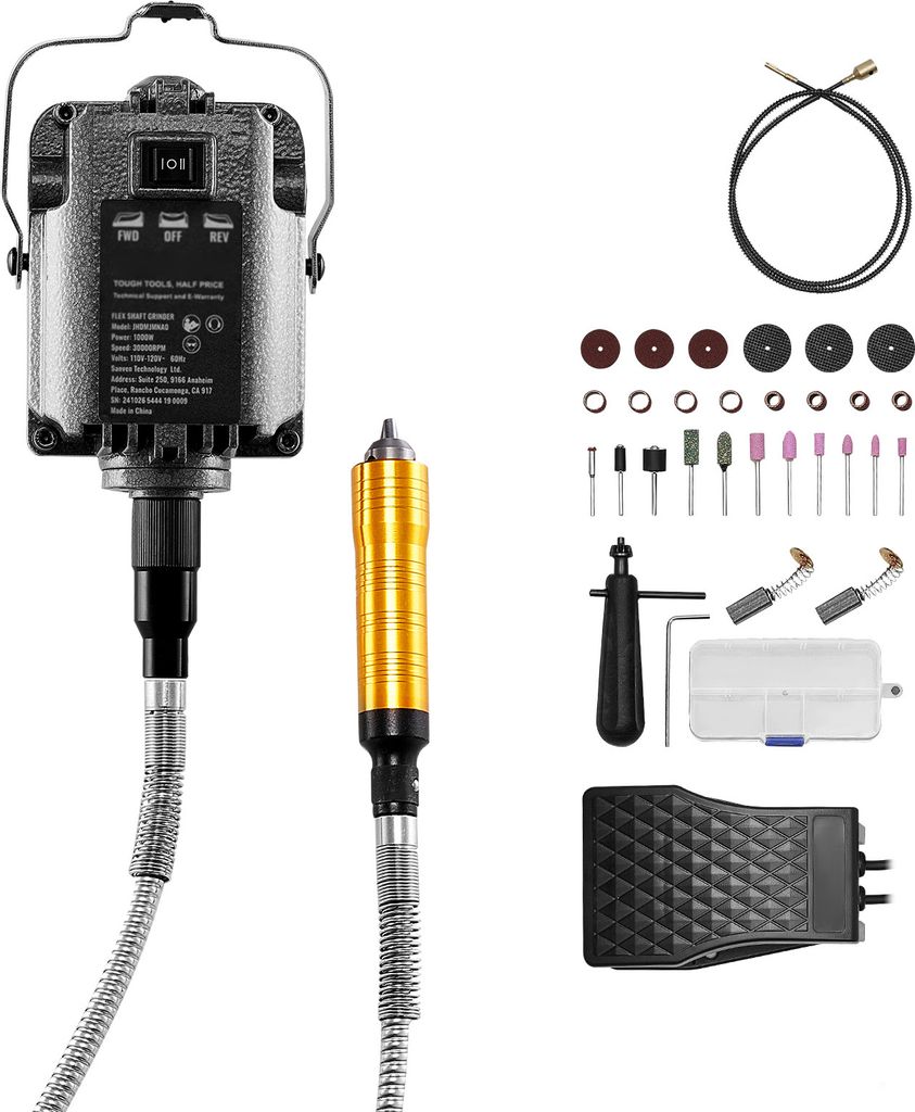 A collection of tools and accessories for a rotary tool, including the main unit, a flexible shaft, a handpiece, various bits and discs, and a foot pedal.