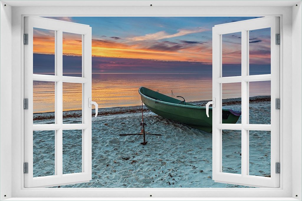 Wallario Outdoor-Poster für Garten oder Balkon 61 x 91,50 cm: Einsames Fischerboot mit Anker am Strand