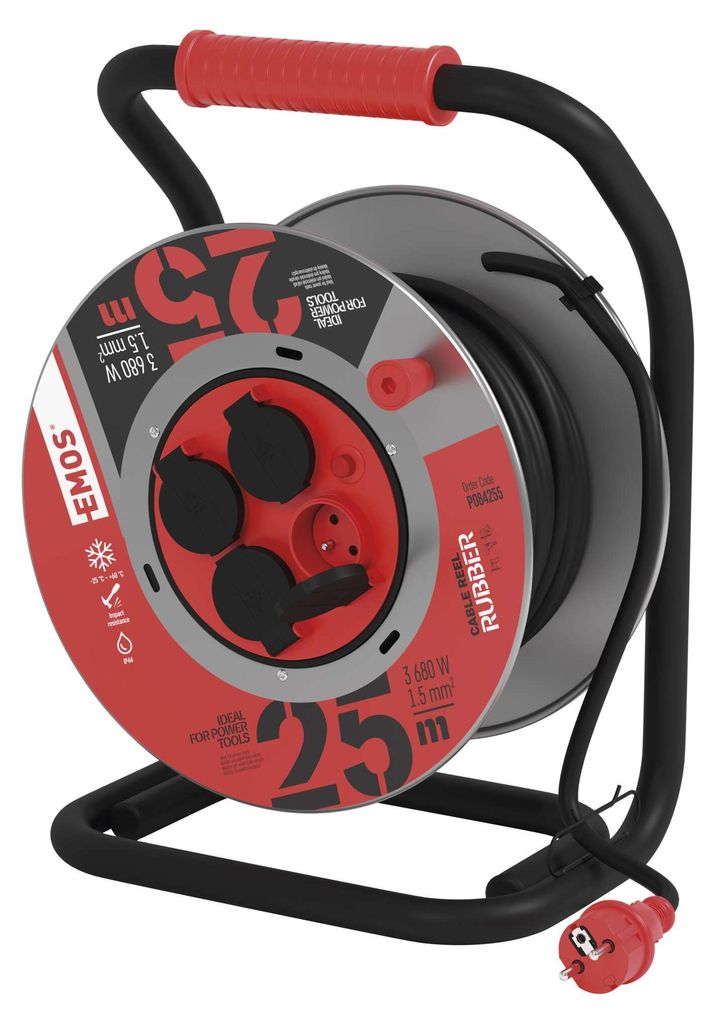 Venkovní prodlužovací kabel na bubnu 25 m / 4 zásuvky / černý / guma / 230 V / 1,5 mm2
