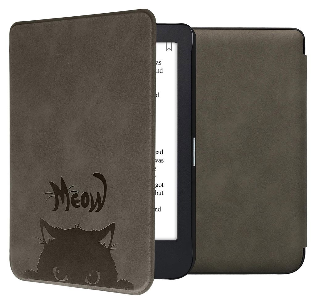 kwmobile Schutzhülle für Kobo Clara 2E / Tolino Shine 4 Hülle - eReader Case aus Kunstleder mit Auto Sleep Funktion - Katze Meow mit Grau Schwarz