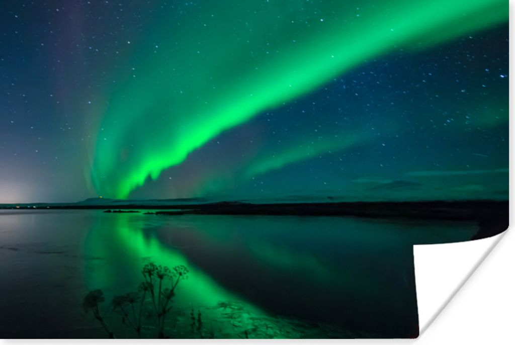 MuchoWow Poster Nordlicht - Island - Sternenhimmel - Grün - Wasser 90x60 cm - Schlafzimmer