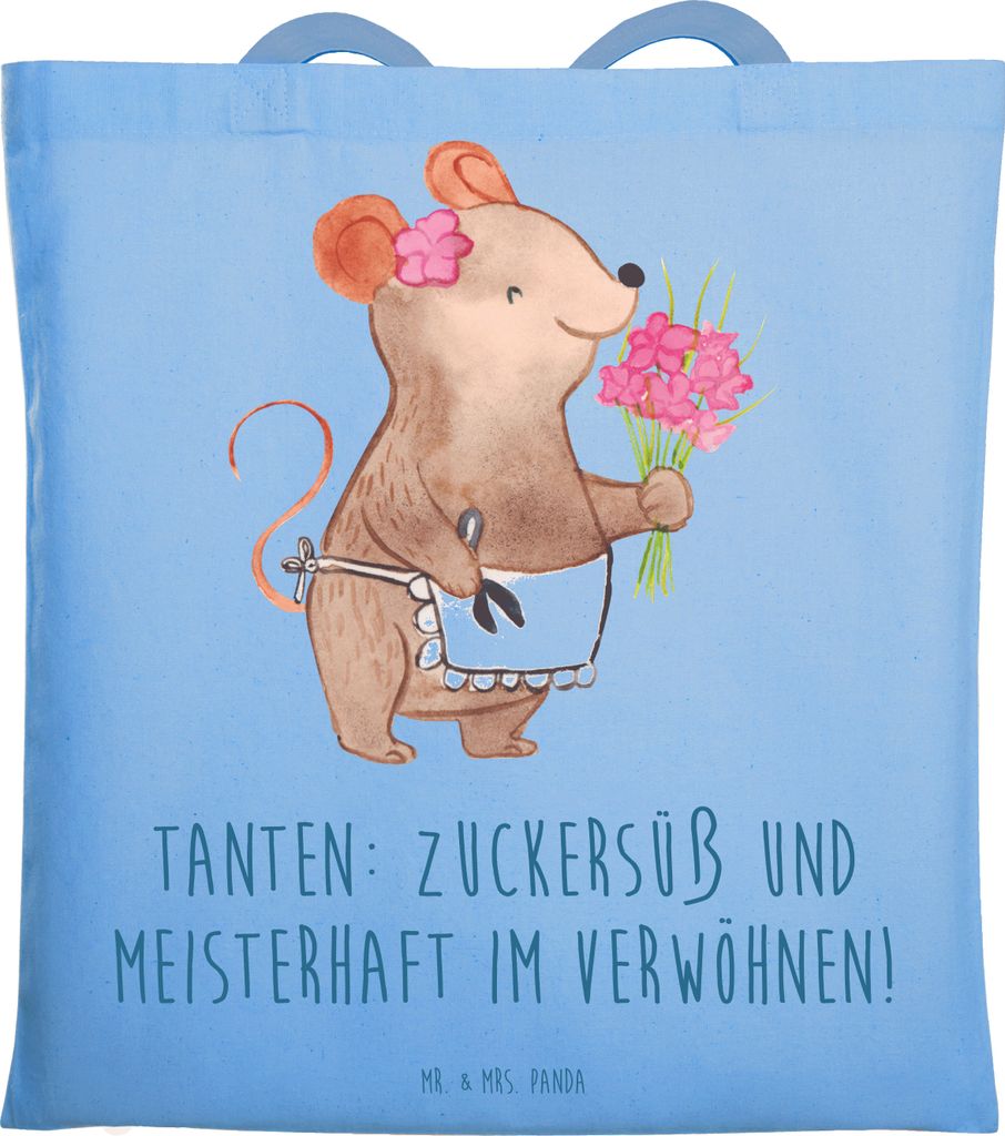Mr. & Mrs. Panda Tote Bag Tante Zuckersüß - Sky Blue - Geschenk, Neffe, Lächeln, Familie, Verwandtschaft, Büchertasche, Verwöhnen, Tasche, Nic...