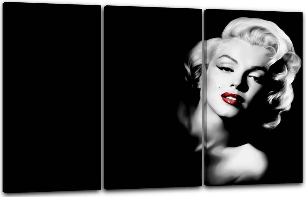 Leinwandbild 3-teilig (120x80cm): Marilyn Monroe rote Lippen schwarzer Hintergrund sexy, echter Holz-Keilrahmen inkl. Aufhänger, handgefertigt in ...