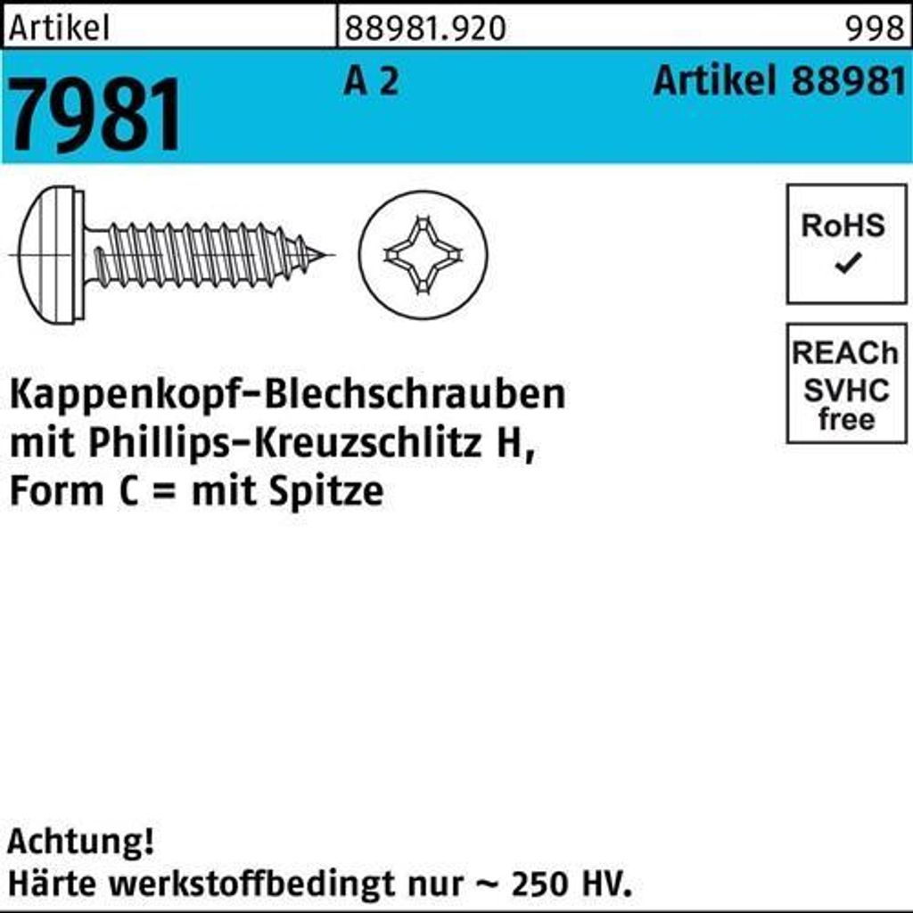 Reyher Kappenschrauben V2a 3,9x38 ähnlich DIN 7981 (500 Stück)