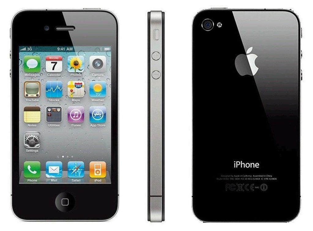 A product shot of an iPhone 4, showing the front, side, and back.