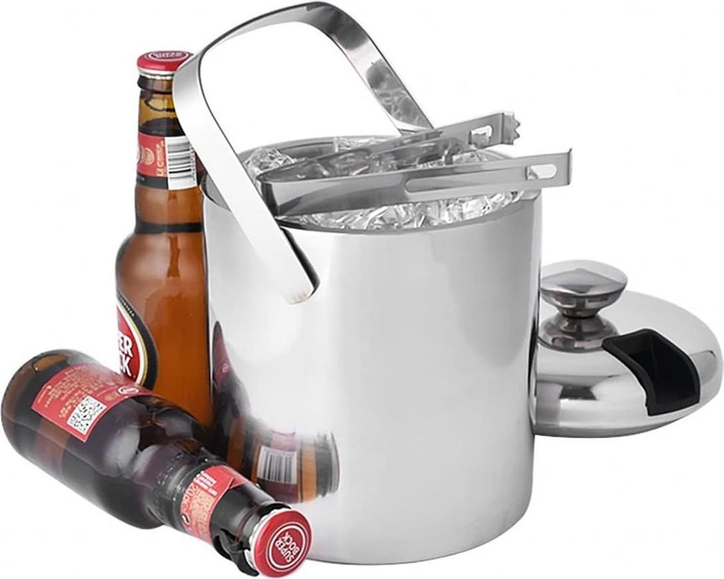 Edelstahl doppelwandiger Eiseimer mit Deckel und Eiszange - 1,3L - tragbarer Bier-Eimer - Picknick-Eiswürfel-Eimer - Outdoor-Weinkühler - Eisküb...