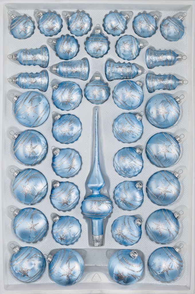 39 tlg. Glas-Weihnachtskugeln Set in Ice Blau Silber Komet Produktbild 