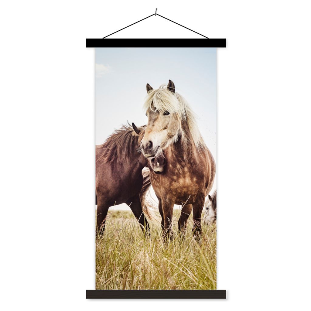 MuchoWow Textilposter Pferde - Gras - Frühling 60x120 cm mit schwarzem Rahmen - Magnete