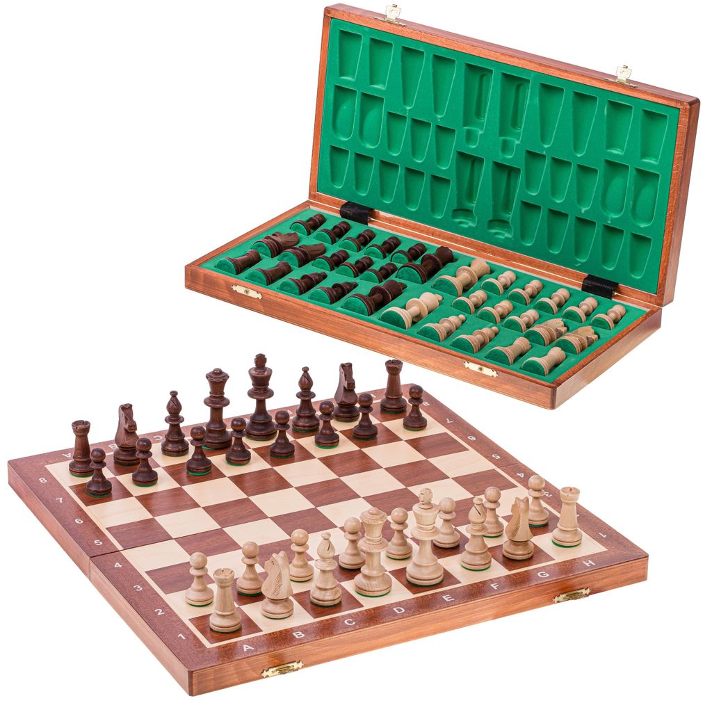 A wooden chess set with pieces in a box and on a board.