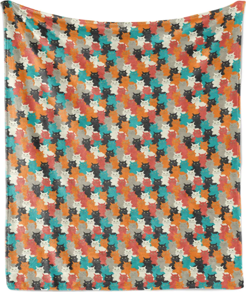 ABAKUHAUS Coperta morbida in flanella e pile per gattini, divertente e colorata con gatti pelosi e baffi soffici, stampa allegra, 175 x 230 cm, multicolore