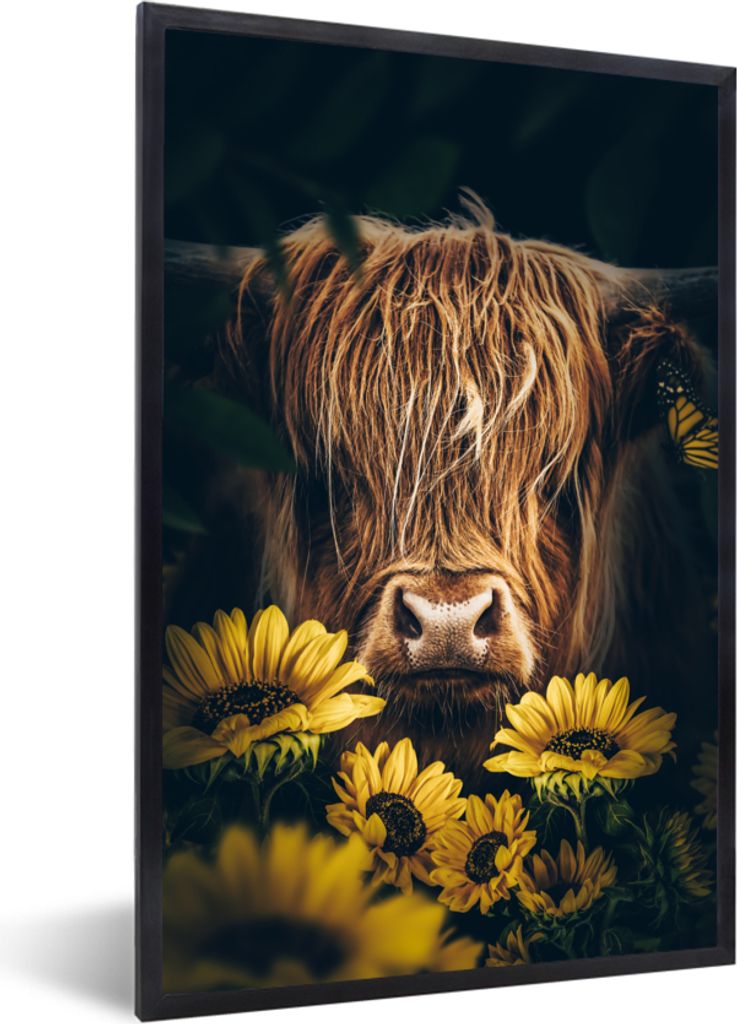 MuchoWow Gerahmtes Poster Schottische Highlander - Blumen - Kuh - Botanisch - Tiere 20x30 cm - Poster mit Schwarzem Bilderrahmen Wandposter Rahme...