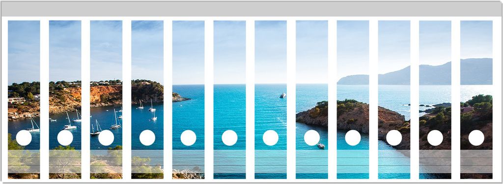 Wallario Ordnerrücken Sticker, selbstklebend für breite Ordner, 12 Stück, Motiv Ibiza - Blick von einer Bucht aufs Meer