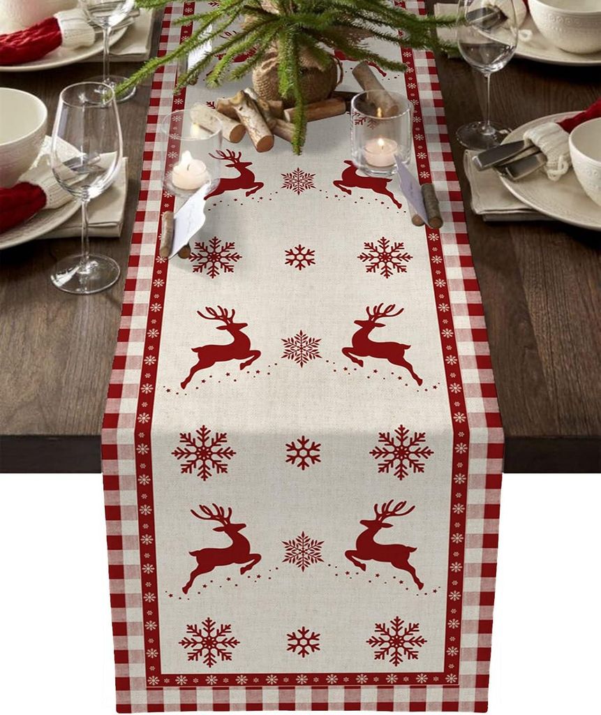Weihnachtstischläufer, rustikaler Tischläufer mit Schneeflocken- und Elchmotiv für festliche Anlässe, Geburtstagsfeiern, Küche, Esszimmer und ...