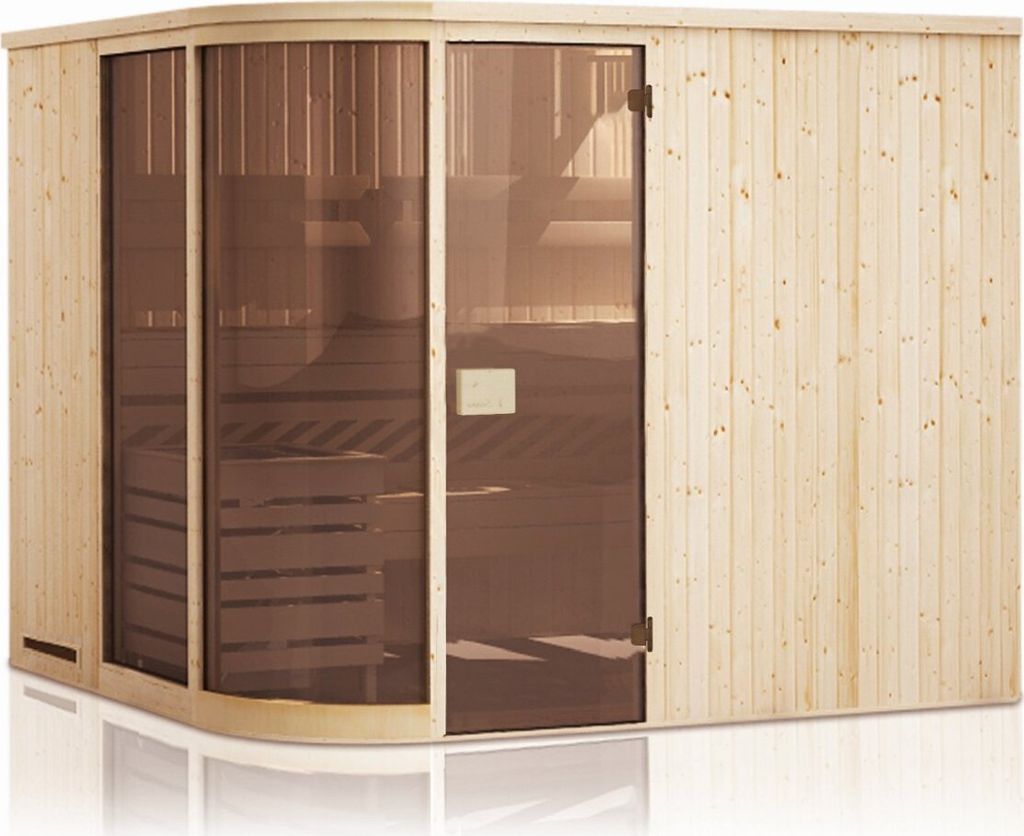 Elementsauna Yuma 68 mm mit 2 Sichtfenstern und Dachkranz - Außenmaße (B x T x H): 194 x 194 x 199 cm