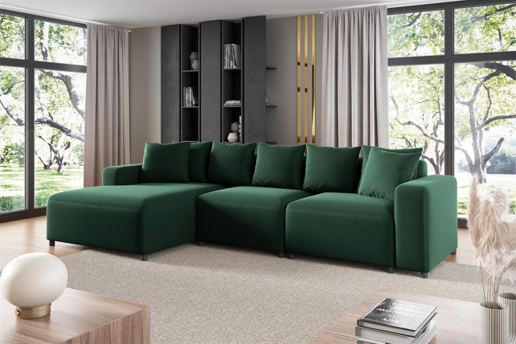 Ecksofa Designersofa Sofa MEGAN in Stoff Salvador Dunkelgrün Ottomane Links
