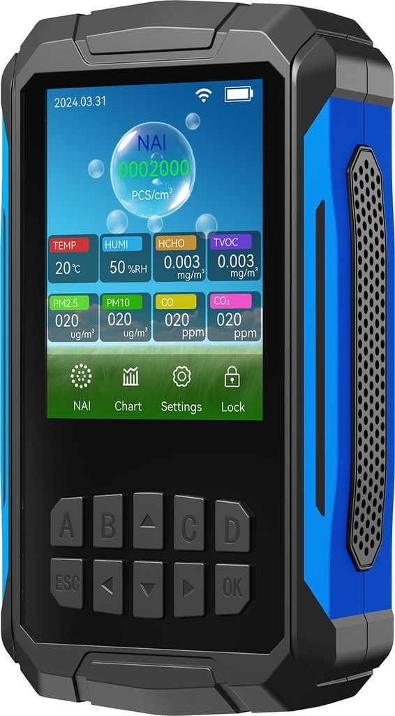 Air Quality Detector Ionizer Meter Alarm Function Portable Air Tester with Negative Ion Concentration/Temperature/Humidity/VOC/PM2.5/PM10/CO/CO2 for