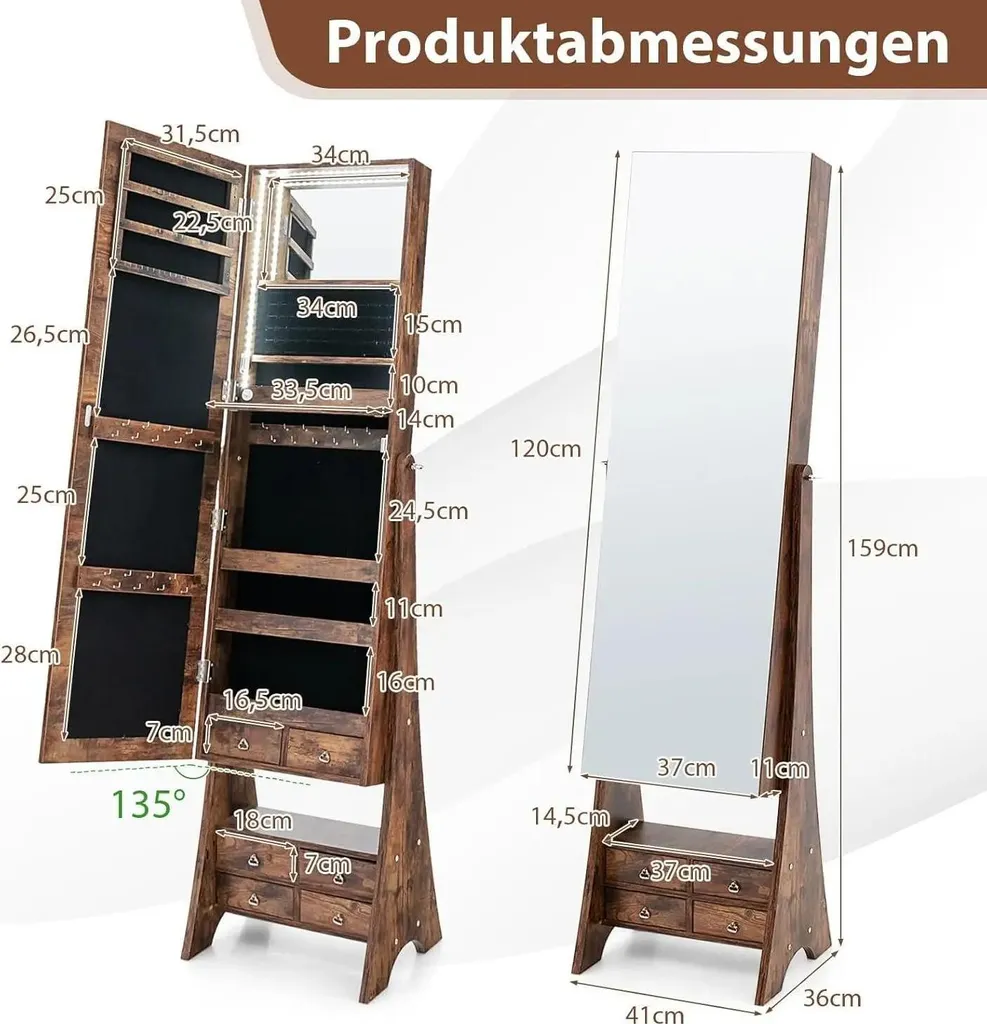 Armoire Bijoux Éclairée avec Tablette Rabattable et Multiples Tiroirs - 2