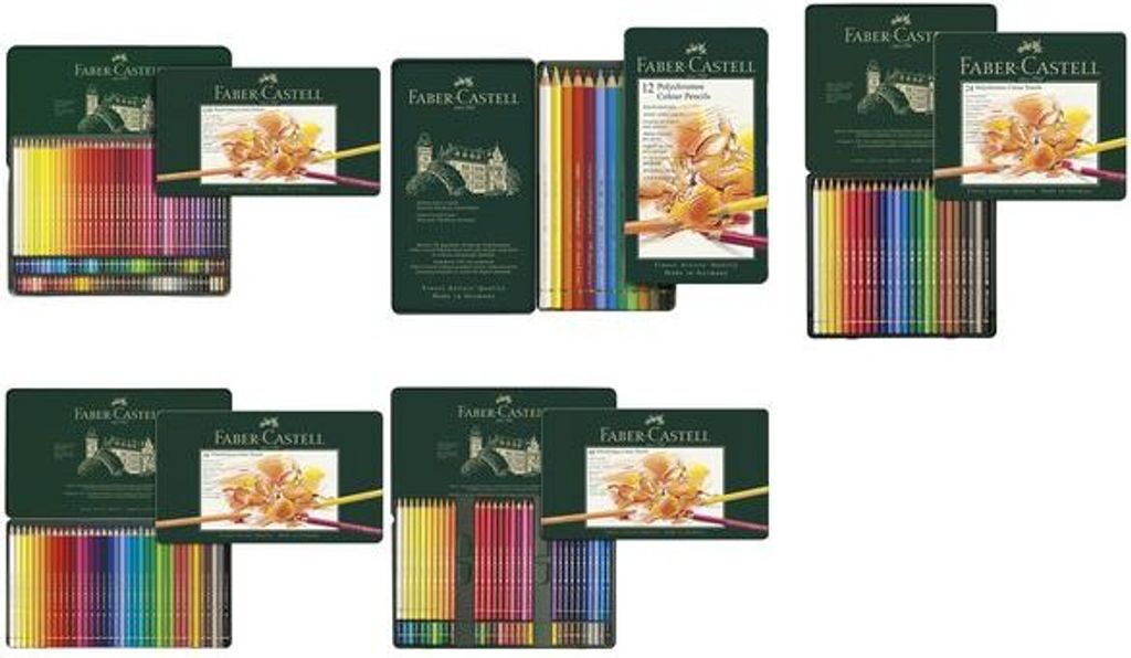 Multiple sets of Faber-Castell colored pencils in their packaging.