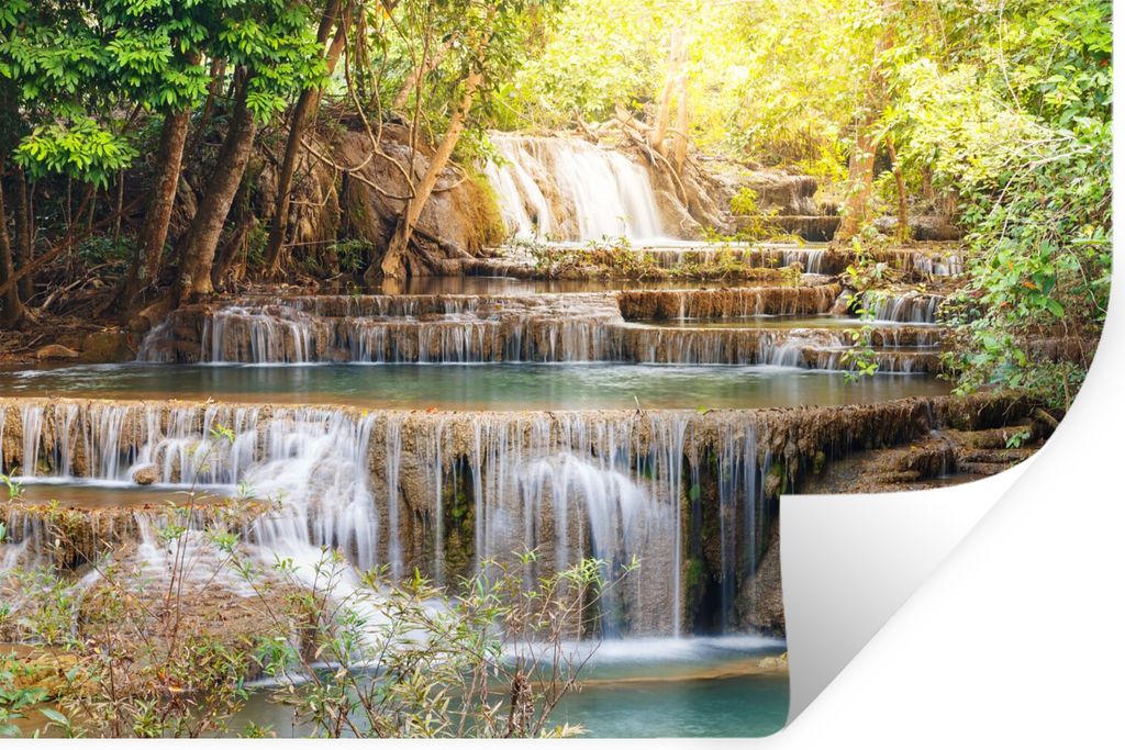 MuchoWow Wandtattoo Wandsticker Wandaufkleber Sonne - Wasserfall - Landschaft 90x60 cm Selbstklebend und Repositionierbar - Aufkleber