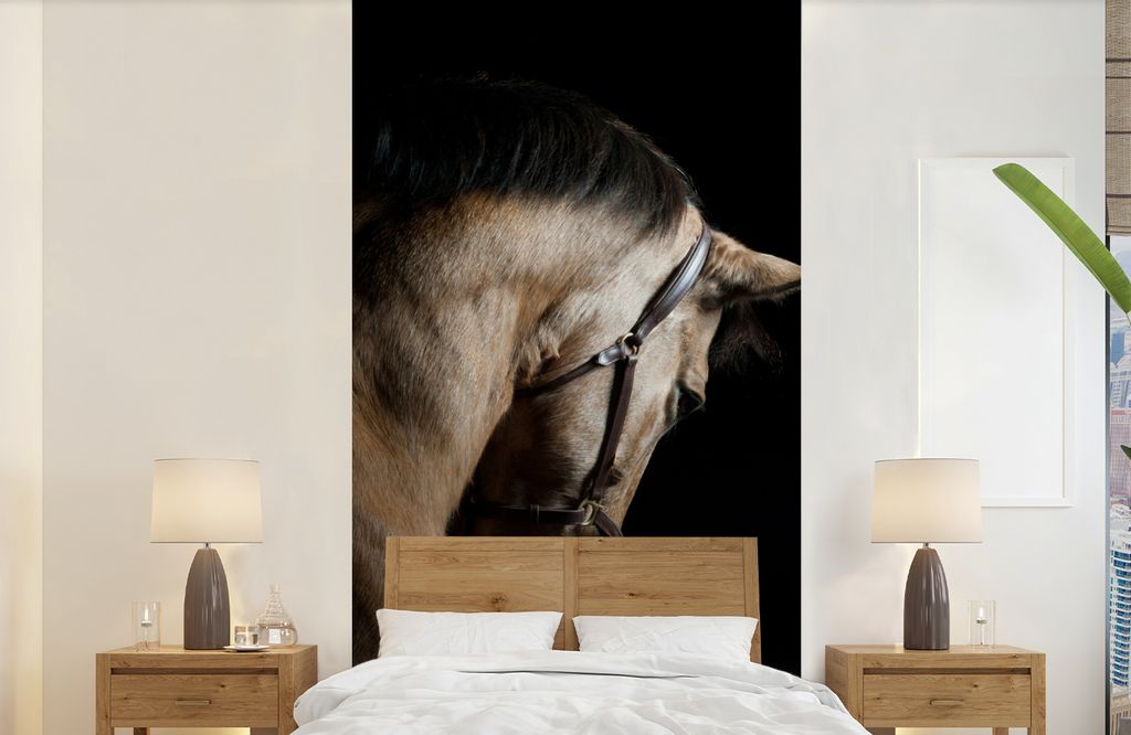 MuchoWow Fototapete für Wohnzimmer oder Schlafzimmer Wandtapete Vinyl Motivtapete Pferde - Halfter - Schwarz - 120x240 cm - Hintergrundbild