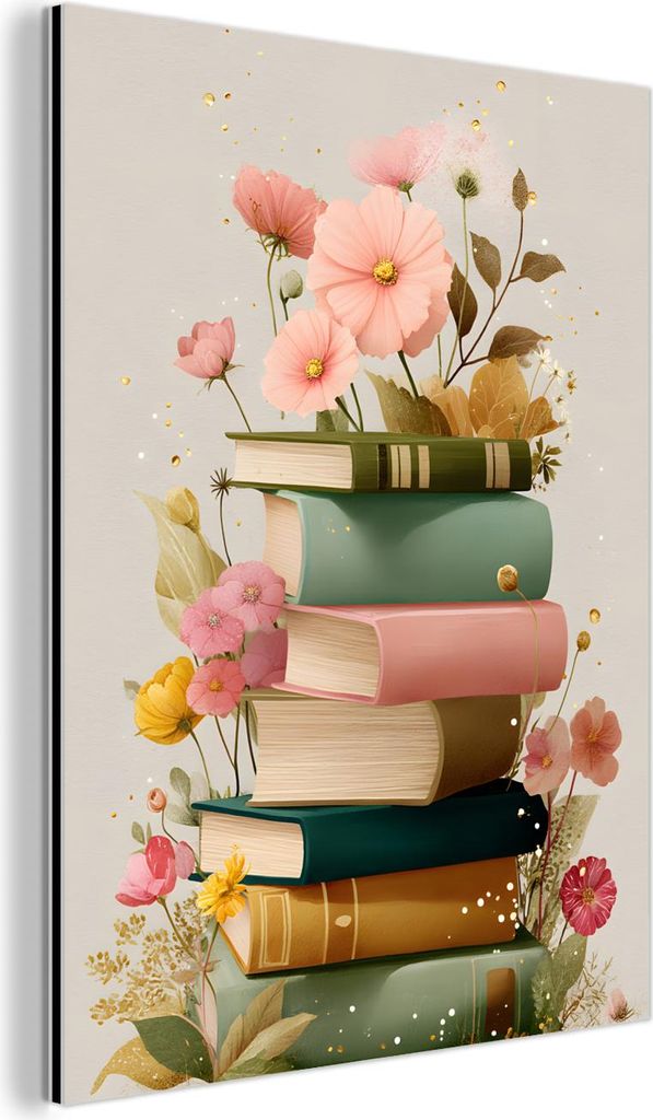 MuchoWow Wanddekoration Metall Metallbild Wandkunst 90x120 cm Bücher - Stapel - Blumen - Farbenfroh MuchoWow Aluminium Gemälde - Industrial