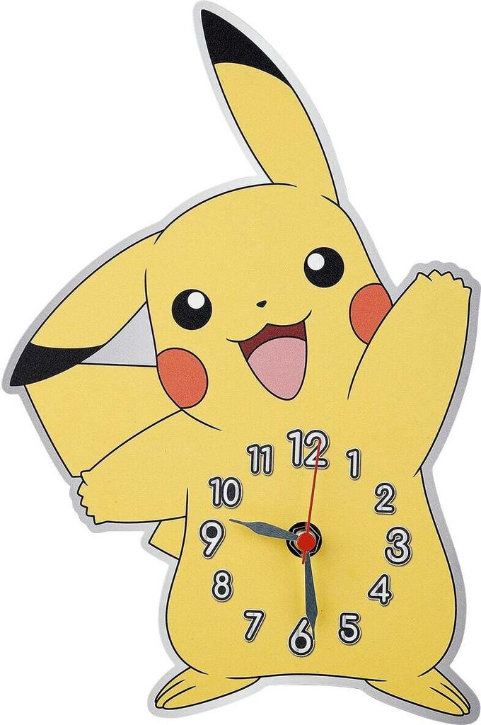 A yellow Pikachu clock with its arms raised.