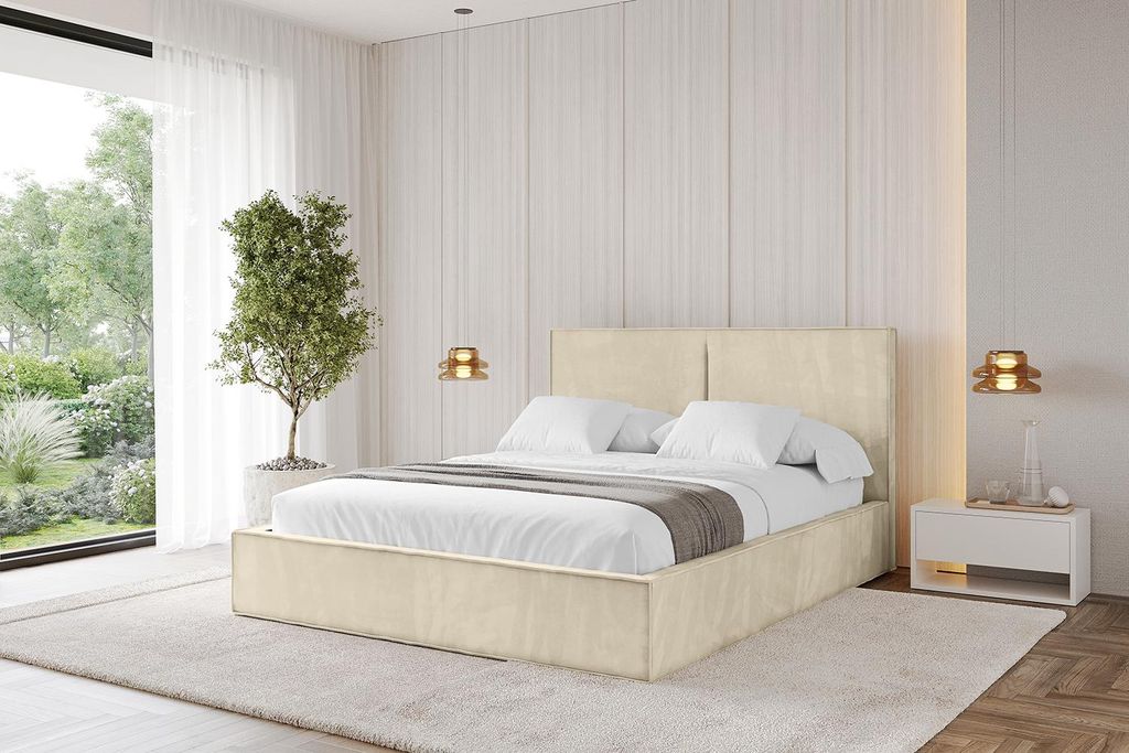 ALTDECOR Polsterbett mit Bettkasten - EMMI - 160x200 Beige - Bett mit Matratze H3/H4, Kopfteil, Boxbett, Doppelbett mit Stauraum