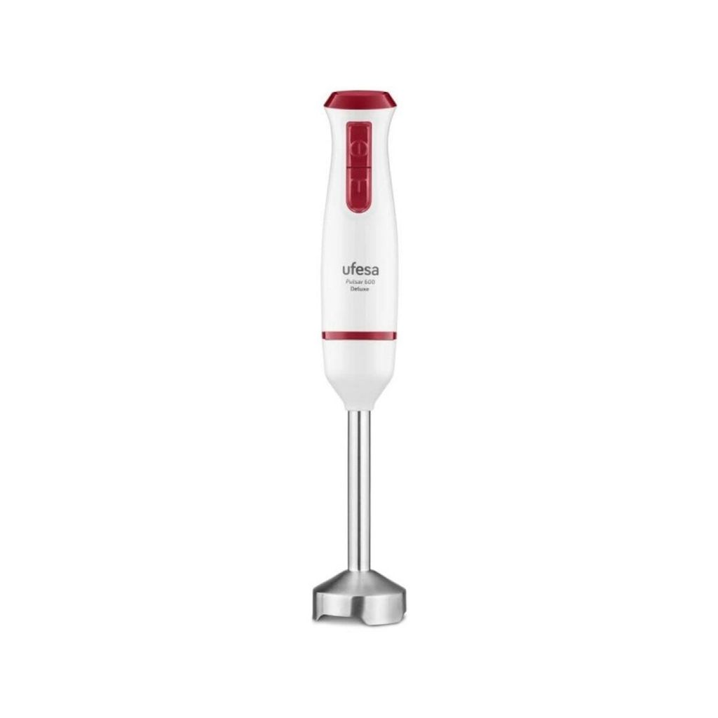 A white and red Ufesa hand blender is shown against a white background.