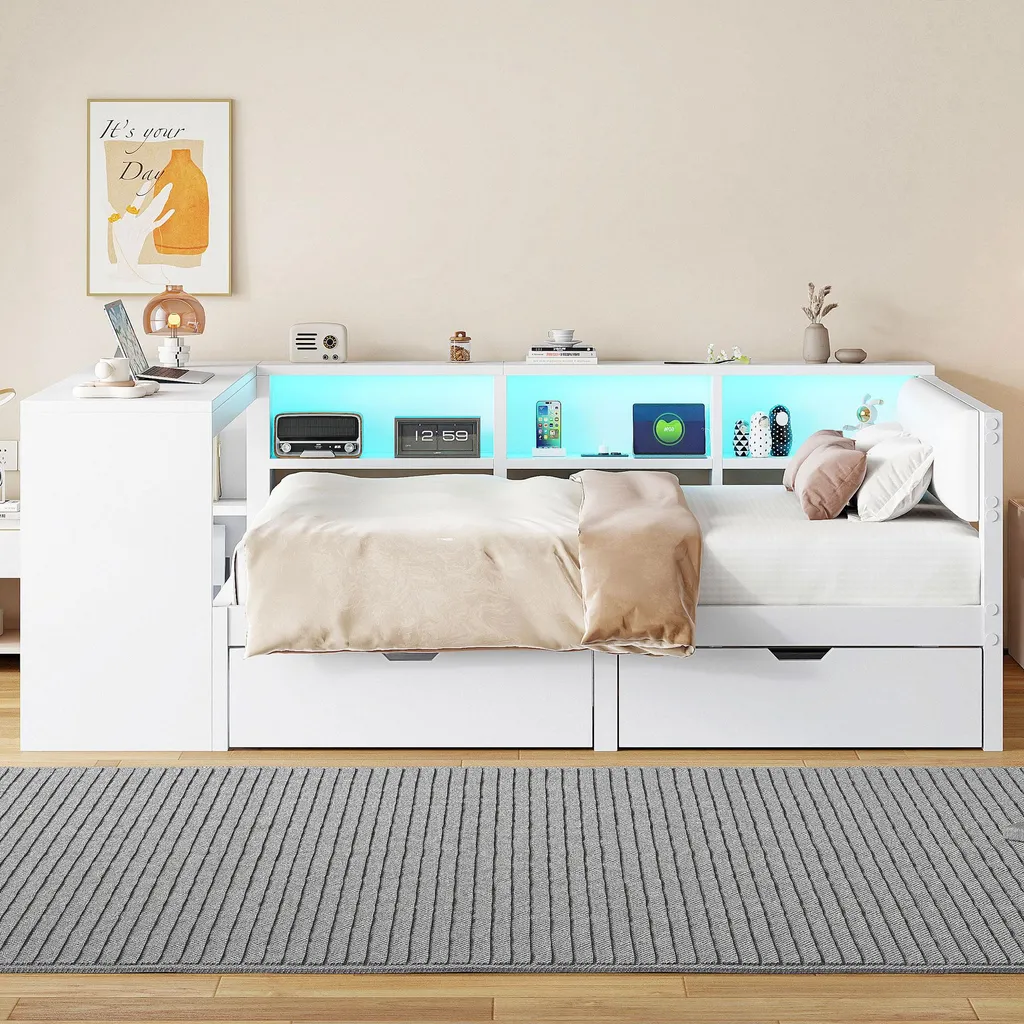 Lit Combiné Enfant 140x200 avec Bureau et Bibliothèque en Bois Blanc