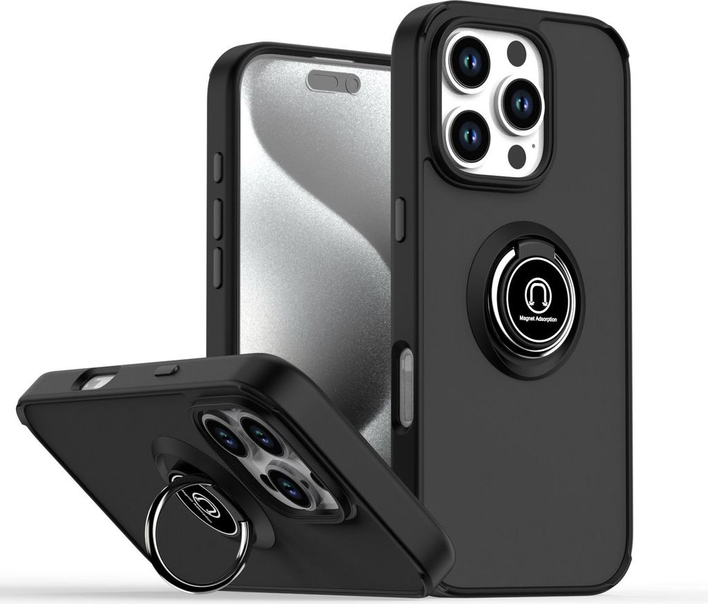 Hülle für iPhone 16 Pro Matte Transluzent TPU Stoßfest Schutzhülle mit Ring Halter Ständer Schwarz