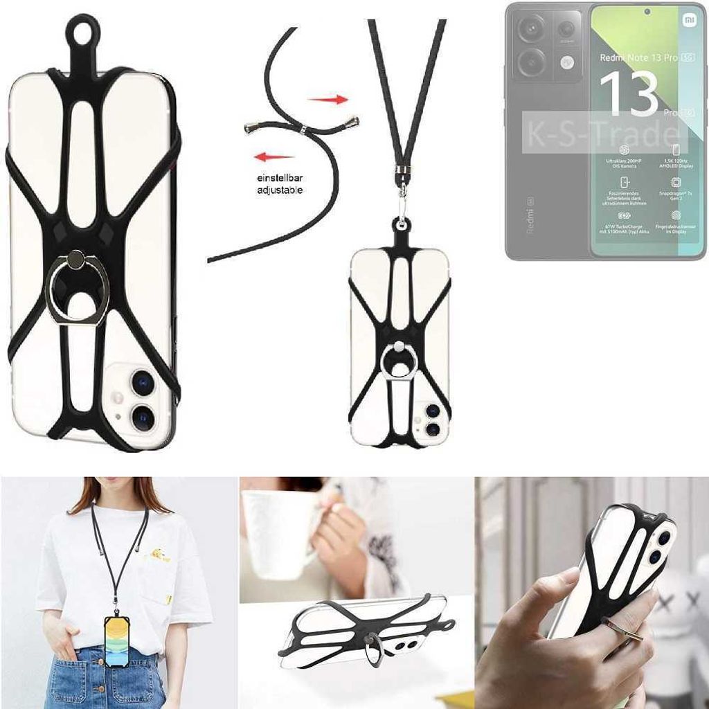 K-S-Trade 3in1 Handykette Handyband Handykordel Halsband Smartphone-Ring Handy-Ring kompatibel mit Xiaomi Redmi Note 13 Pro 5G Fingerhalterung
