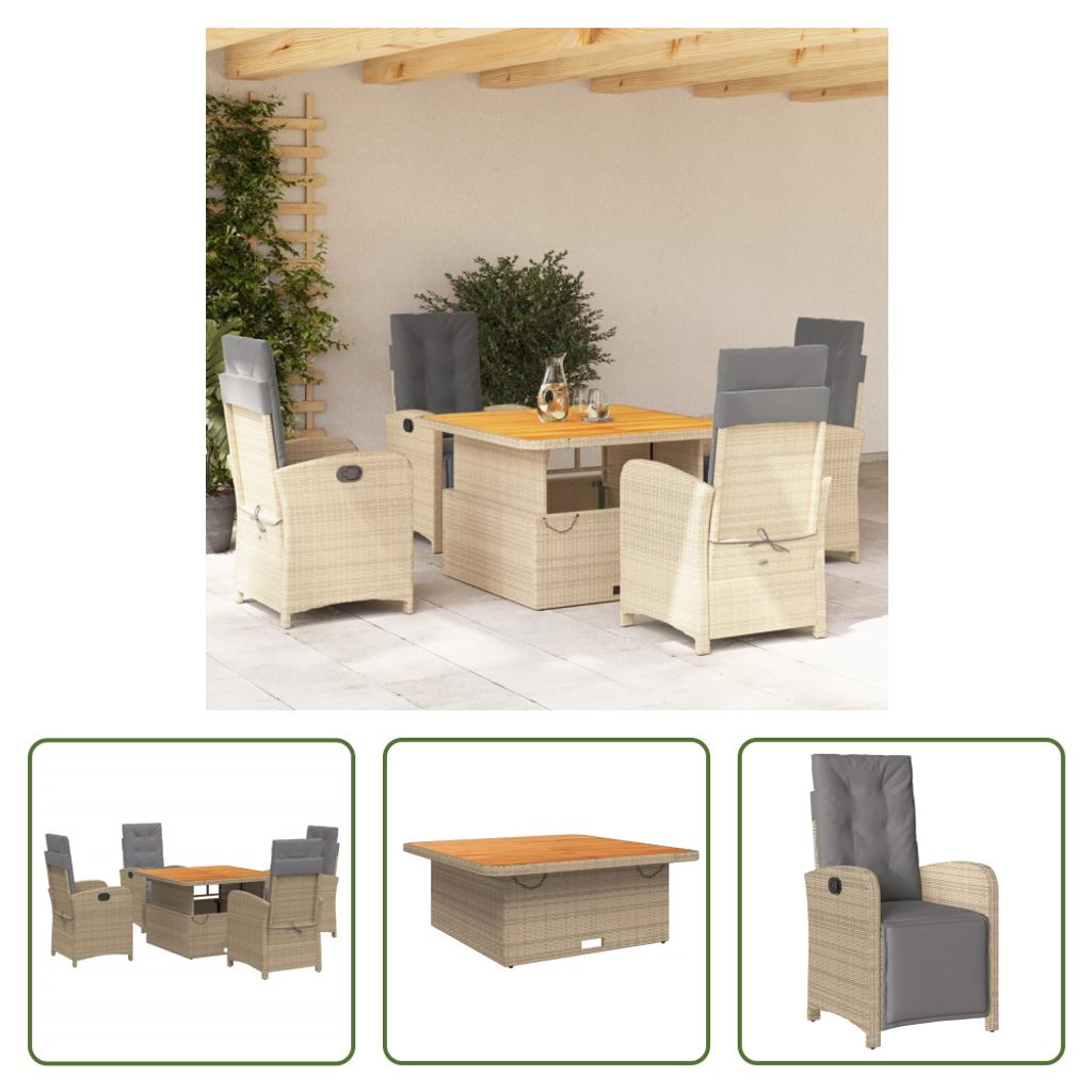 The Living Store 5-tlg. Garten-Essgruppe mit Kissen Beige Poly Rattan