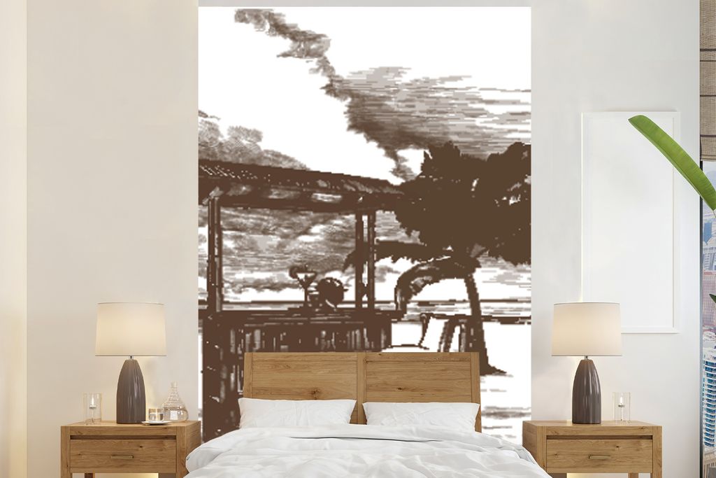 MuchoWow Fototapete für Wohnzimmer oder Schlafzimmer Wandtapete Vinyl Motivtapete Strand - Hütte - Palme - 155x240 cm - Tapete