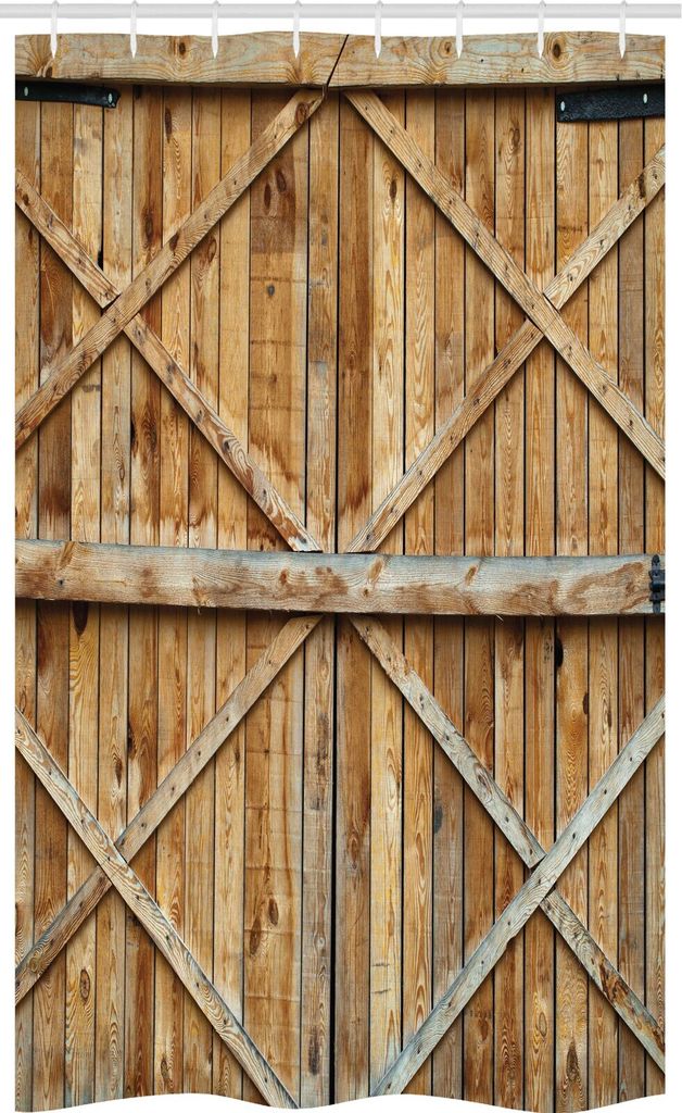 ABAKUHAUS Rustikal Schmaler Duschvorhang, Holz-Holz-Tür Plank, Badezimmer Deko Set aus Stoff mit Haken, 120 x 180 cm, Braun