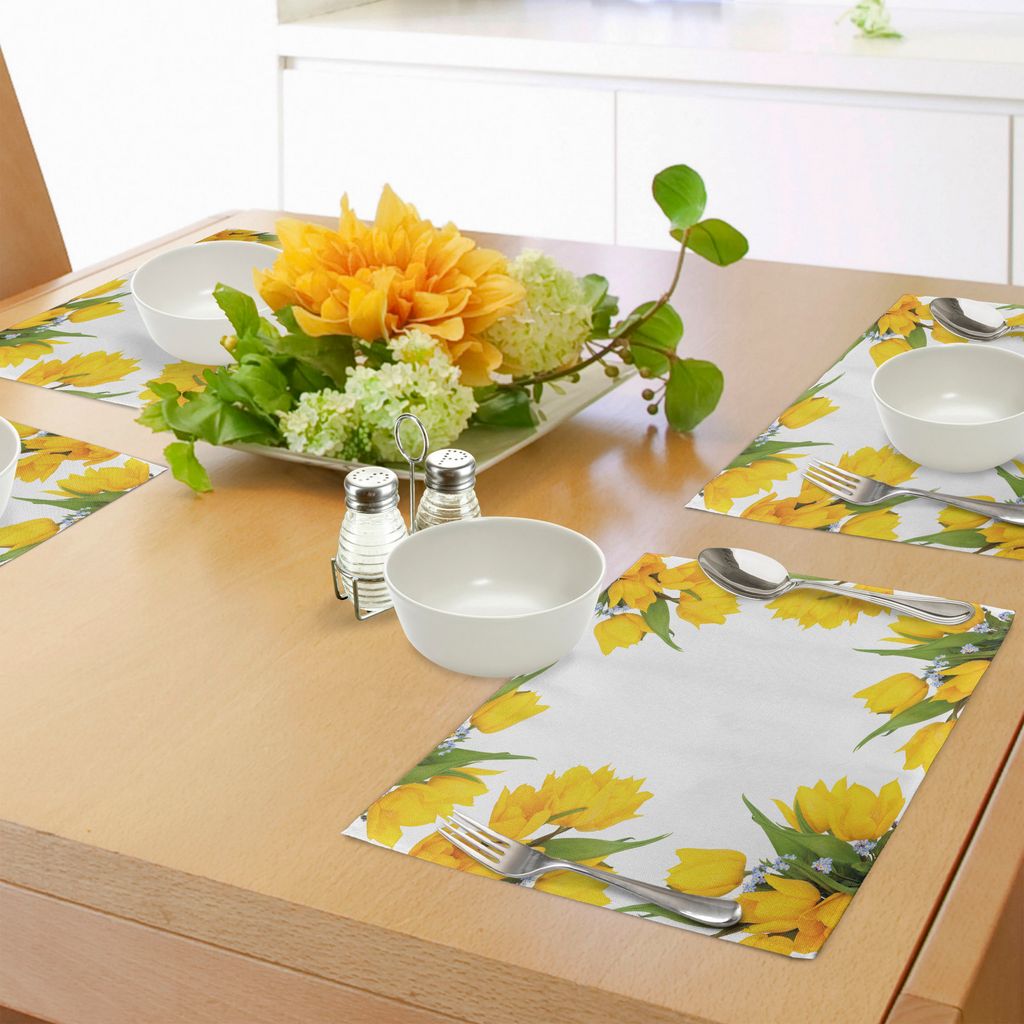 ABAKUHAUS Gelbe Blume Platzmatten, Abstract Frame Gelbe Tulpe und Blau Vergiss Mich Knoten Blooms Bouquets, Tiscjdeco aus Farbfesten Stoff für das...