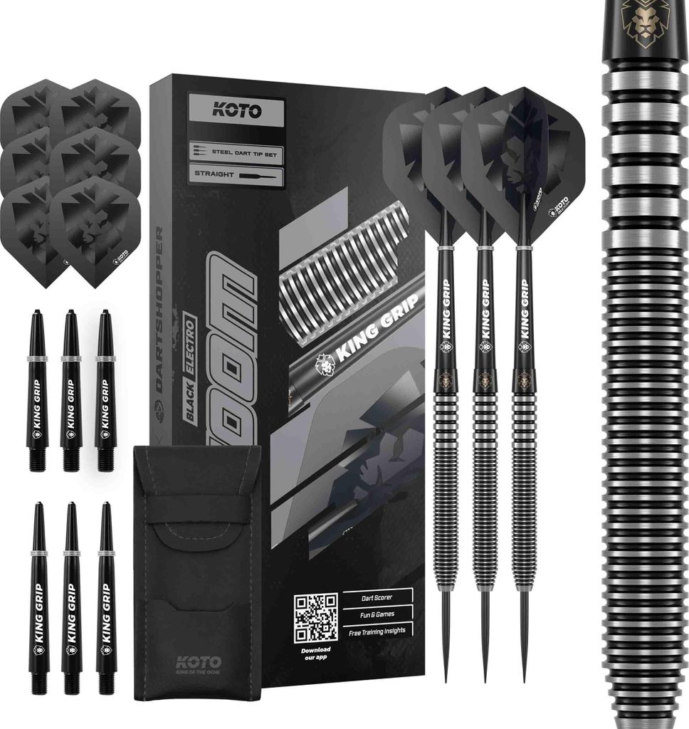 KOTO - Zoom Black Electro 90% Darts 25 G, Schwarz, Dartpfeile Inkl. 3 Barrels, 3 Flights & 3 Shafts