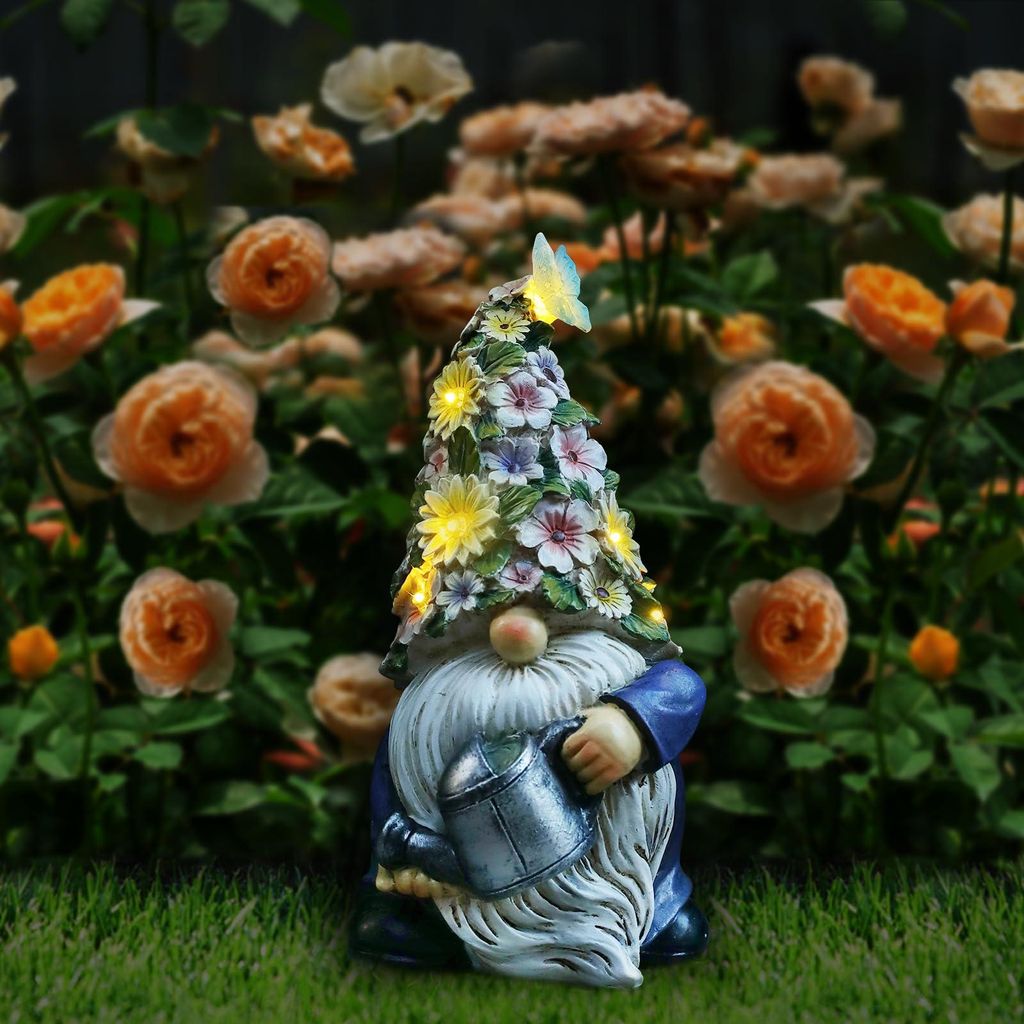 Solarbetriebener Gartenzwerg, Gartendekoration für draußen, wasserfester Gartenzwerg aus Kunstharz mit Gießkanne, Gartenskulptur mit warmem Lich...