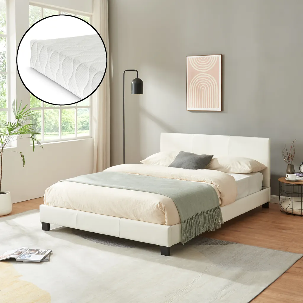 Lit en similicuir Albacete blanc 140x200 cm avec matelas confortable