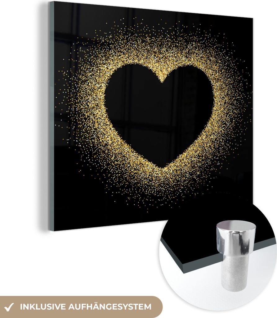 MuchoWow Glasbilder - Bilder auf Wandbild - Foto auf Glas Goldenes Herz auf schwarzem Hintergrund 90x90 cm Wanddekoration aus Glas - Acrylglasbild ...