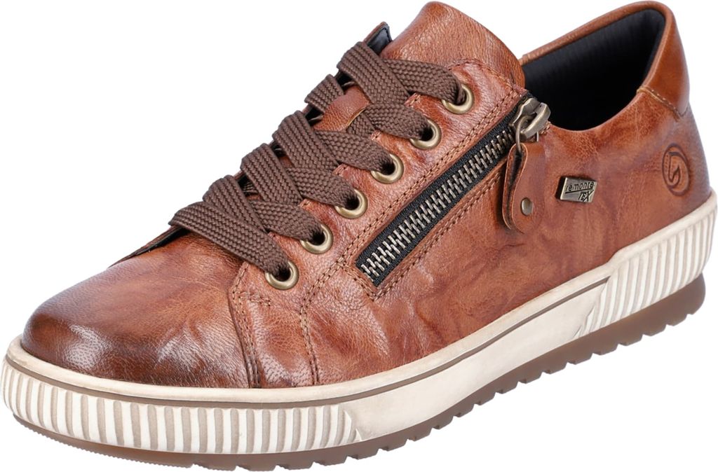 A single brown leather shoe with laces and a zipper is shown against a white background.