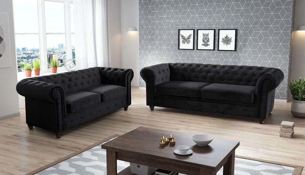 Easy4You Chesterfield Schwarz Set 3-Sitzer + 2-Sitzer Sofa Produktbild 