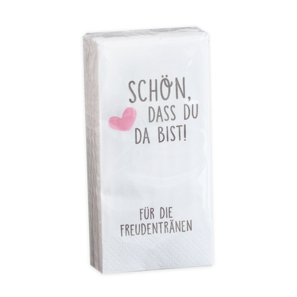 10 x 10 Taschentücher 'Schön, dass du da bist - Für die Freudentränen' GRAU-ROSA zur Hochzeit, Taufe oder Kommunion